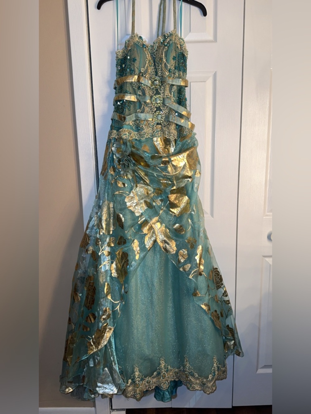 MNM Couture Teal and Gold Embellished Evening Dress